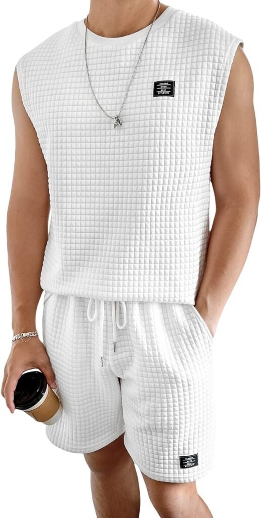 WDIRARA Mens 2 Piece Outfit Letter Patched Sleeveless Tank Top and Drawstring Waist Shorts Set