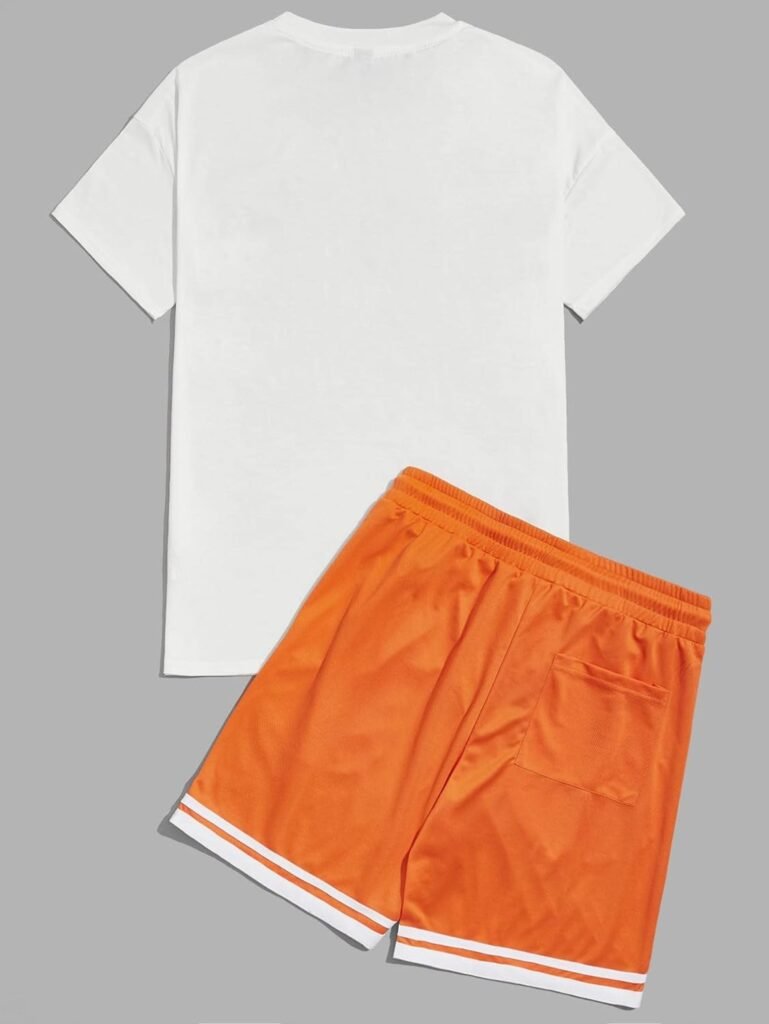 WDIRARA Mens 2 Piece Outfits Letter Print Color Block Tee and Drawstring Shorts Set