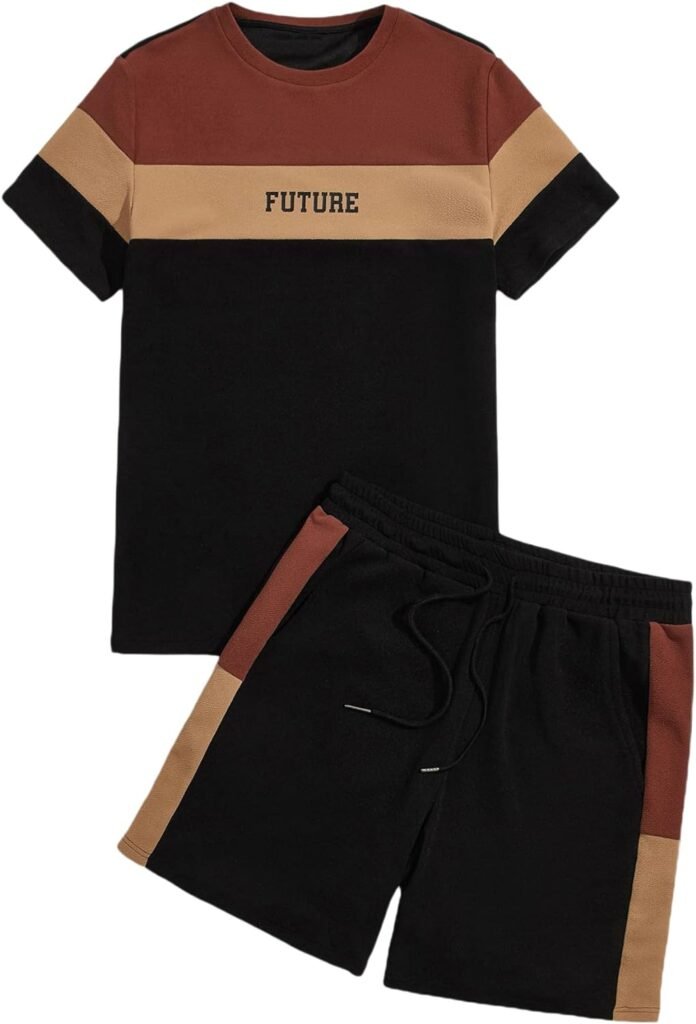 WDIRARA Mens 2 Piece Outfits Letter Print Color Block Tee and Drawstring Shorts Set