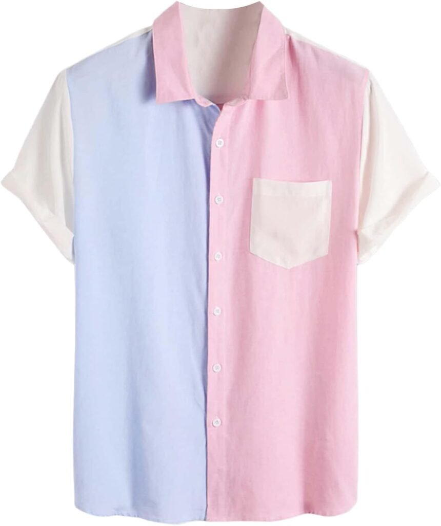 WDIRARA Mens Colorblock Button Down Short Sleeve Pocket Front Shirt Tops