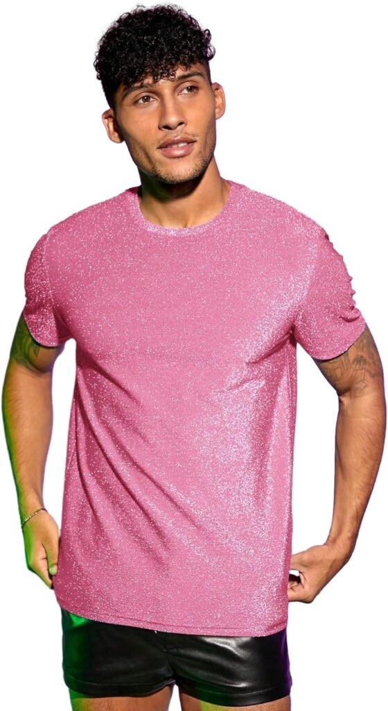 WDIRARA Mens Contrast Glitter Round Neck Short Sleeve Tee Slim Fit T Shirt