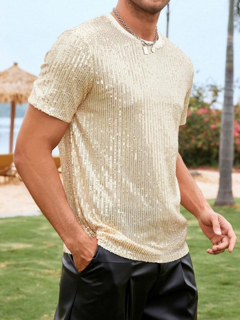 WDIRARA Mens Contrast Glitter Round Neck T Shirt Short Sleeve Shirt Regular Sleeve Tee