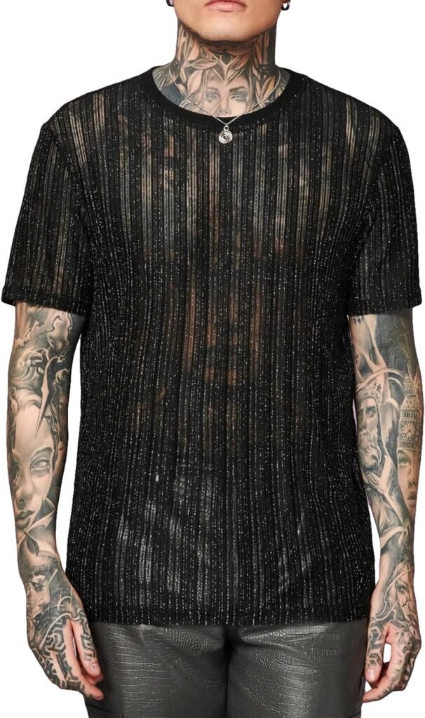 WDIRARA Mens Contrast Glitter Round Neck T Shirt Short Sleeve Shirt Regular Sleeve Tee