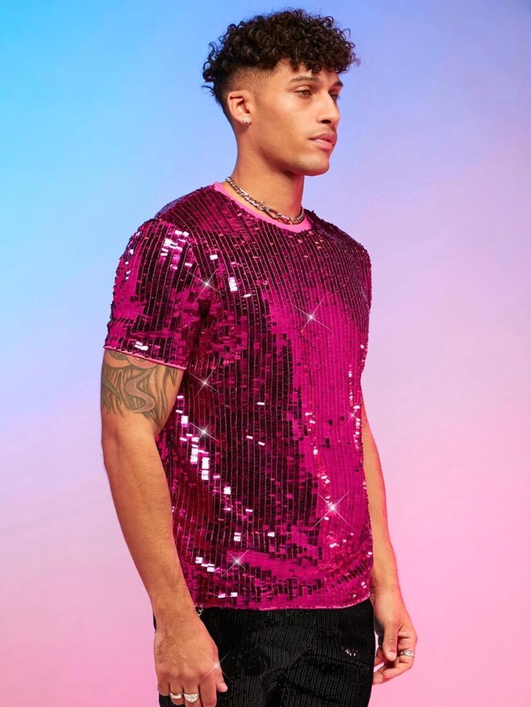 WDIRARA Mens Contrast Glitter Round Neck T Shirt Short Sleeve Shirt Regular Sleeve Tee