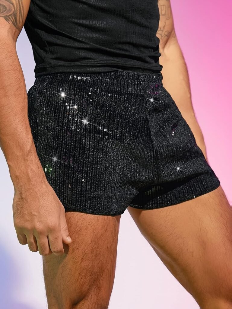 WDIRARA Mens Contrast Sequin Elastic Waist Track Shorts Natural Waist Straight Leg Shorts