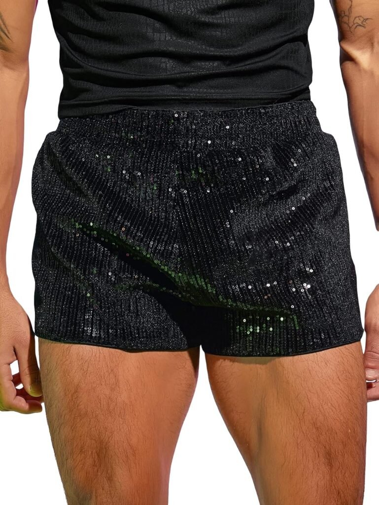 WDIRARA Mens Contrast Sequin Elastic Waist Track Shorts Natural Waist Straight Leg Shorts