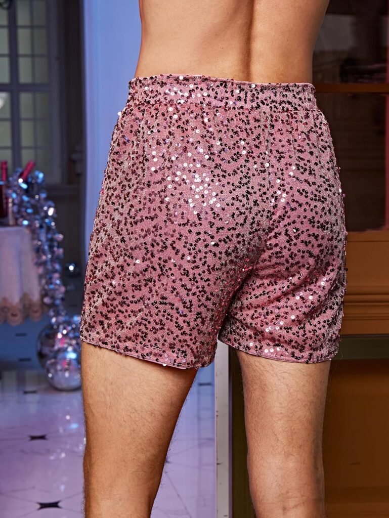 WDIRARA Mens Contrast Sequin Straight Leg Shorts Elastic Waist High Waist Bottoms