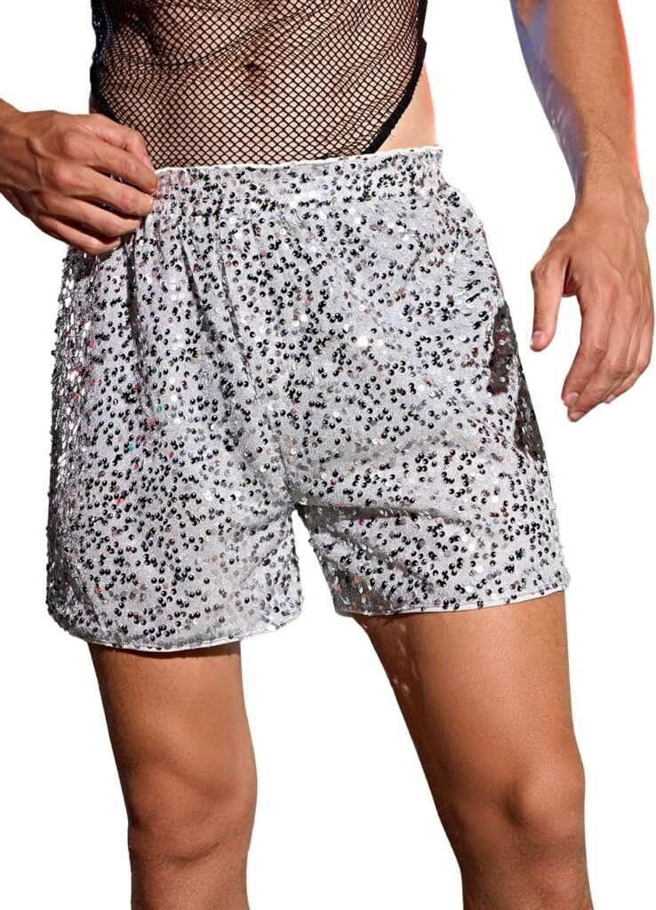 WDIRARA Mens Contrast Sequin Straight Leg Shorts Elastic Waist High Waist Bottoms