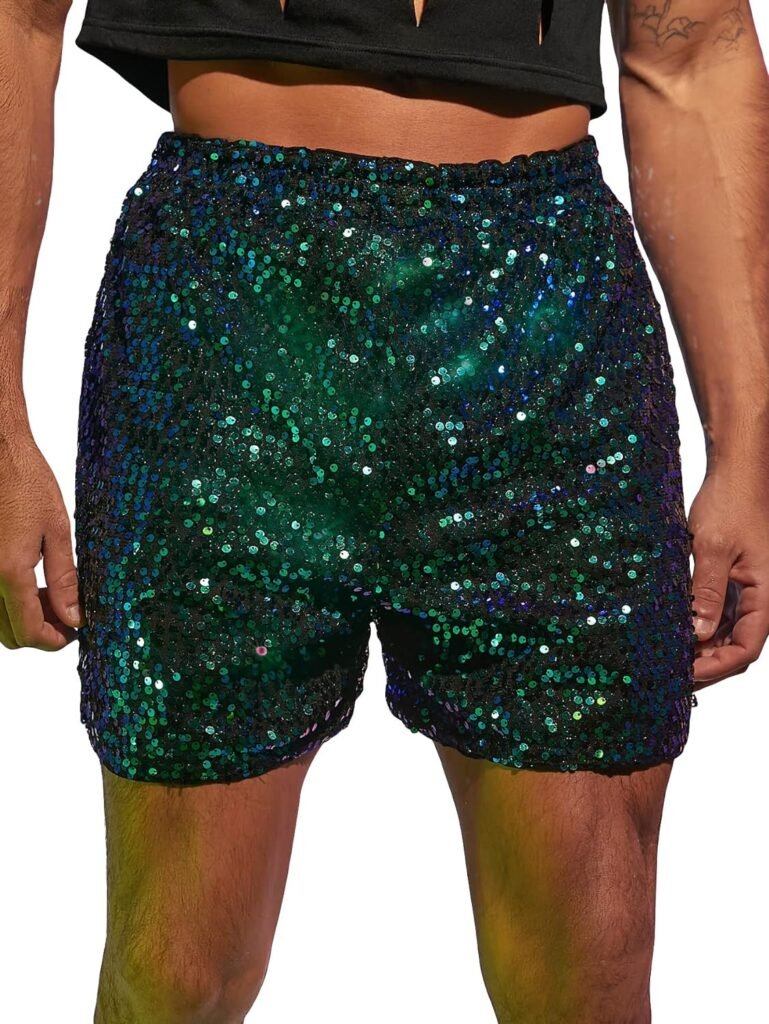 WDIRARA Mens Contrast Sequin Straight Leg Shorts Elastic Waist High Waist Bottoms