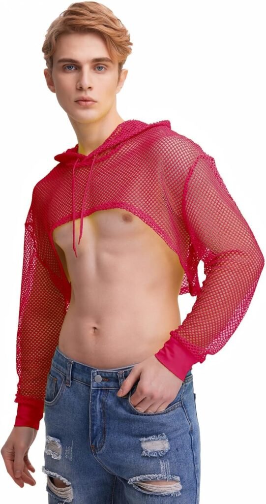 WDIRARA Mens Drawstring Fishnet Mesh Long Sleeve Hoodie Crop Top Pullovers