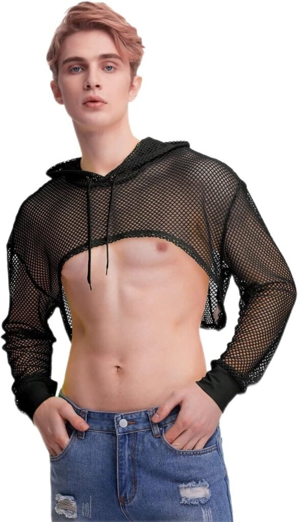 WDIRARA Mens Drawstring Fishnet Mesh Long Sleeve Hoodie Crop Top Pullovers