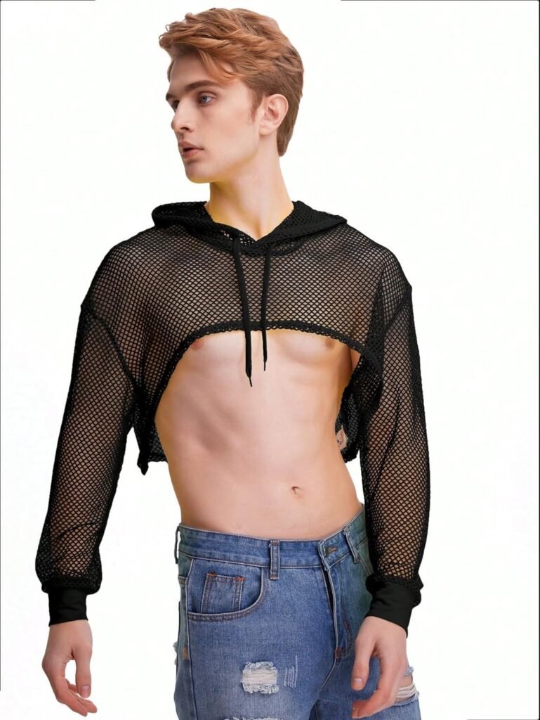 WDIRARA Mens Drawstring Fishnet Mesh Long Sleeve Hoodie Crop Top Pullovers