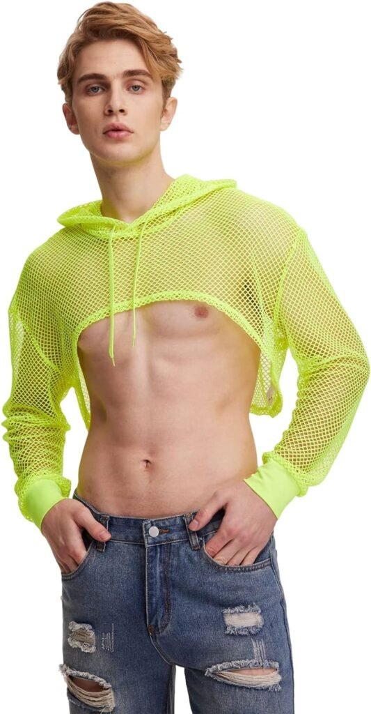 WDIRARA Mens Drawstring Fishnet Mesh Long Sleeve Hoodie Crop Top Pullovers