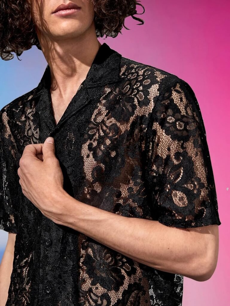 WDIRARA Mens Floral Lace Shirt Contrast Mesh Button Down Shirt Short Sleeve Blouse