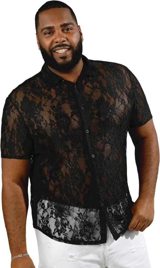 WDIRARA Mens Floral Lace Shirt Contrast Mesh Button Down Shirt Short Sleeve Blouse