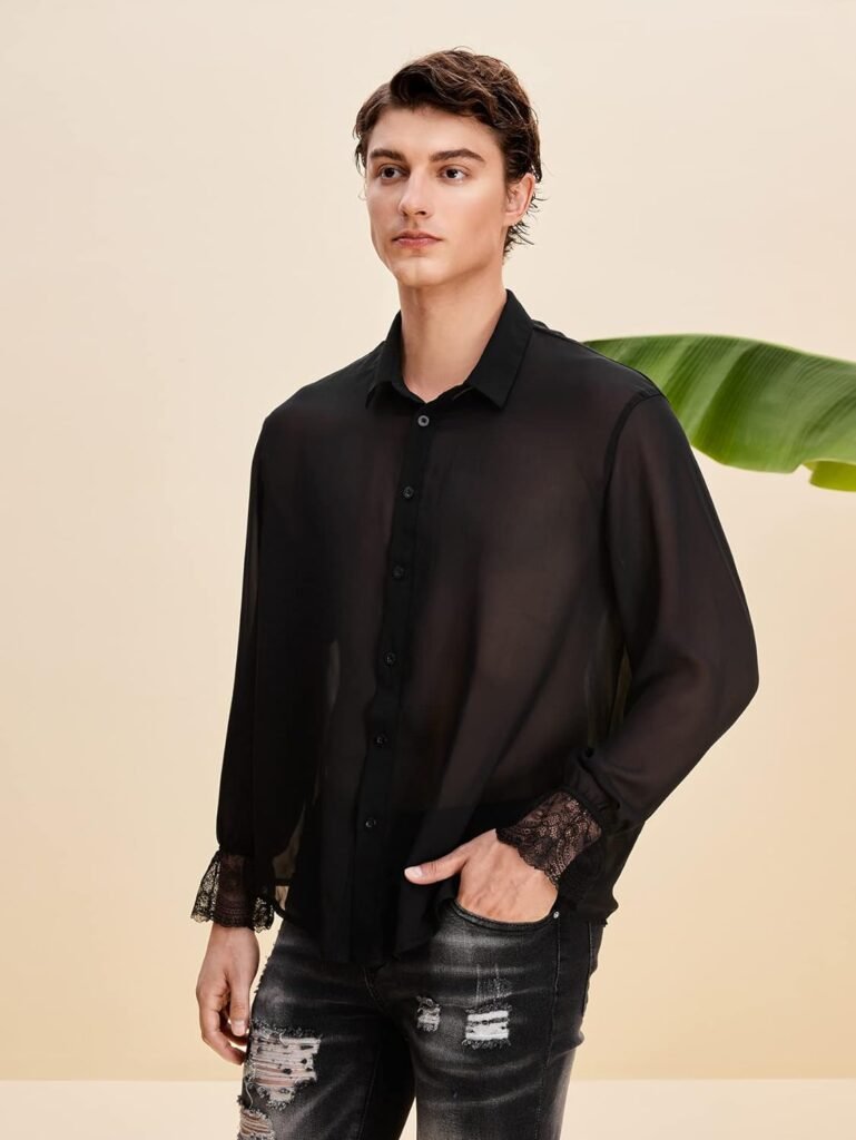 WDIRARA Mens Floral Lace Trim Mesh Long Sleeve Collared Sheer Top Button Down Shirt