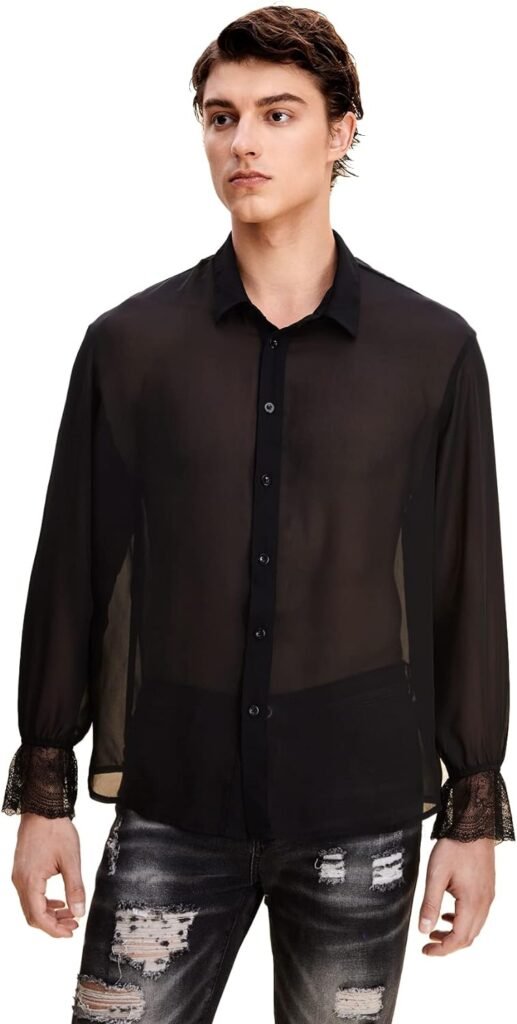 WDIRARA Mens Floral Lace Trim Mesh Long Sleeve Collared Sheer Top Button Down Shirt