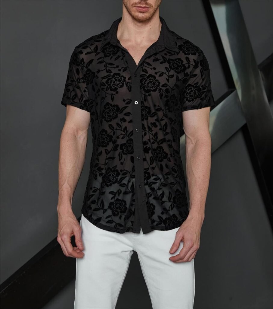 WDIRARA Mens Floral Sheer Mesh See Through Button Up Short Sleeve Collar Party Club Tops Shirt