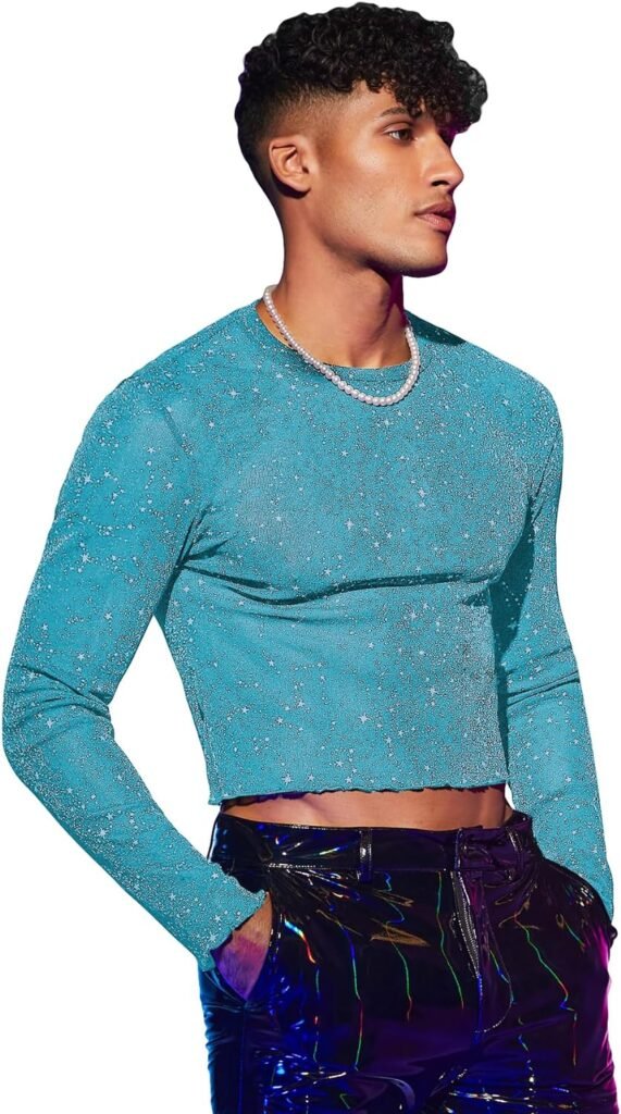 WDIRARA Mens Galaxy Print Mesh Glitter Lettuce Trim Round Neck Long Sleeve Crop Tee Top