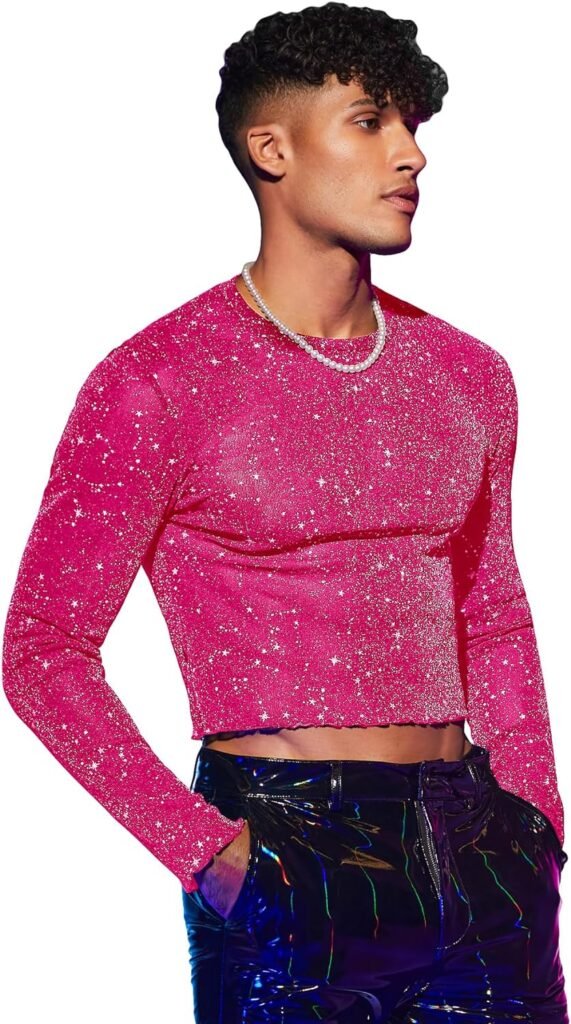 WDIRARA Mens Galaxy Print Mesh Glitter Lettuce Trim Round Neck Long Sleeve Crop Tee Top