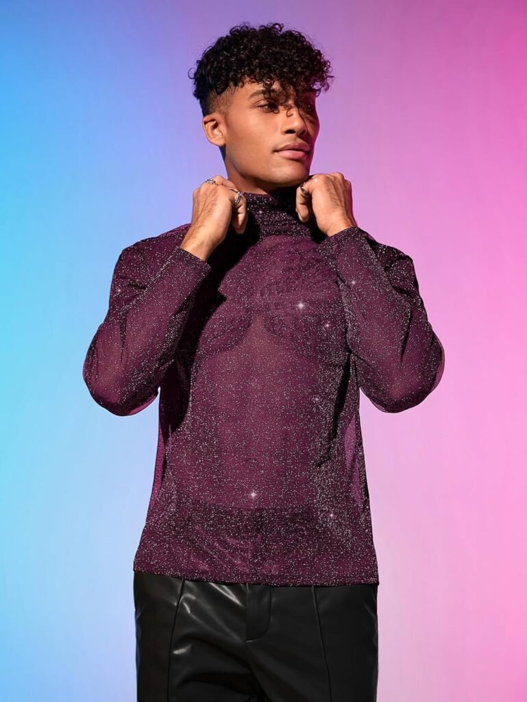 WDIRARA Mens Glitter Mesh Sheer Turtle Neck Long Sleeve See Throught Tee Tops Partywear