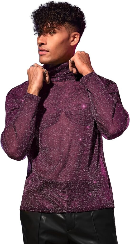 WDIRARA Mens Glitter Mesh Sheer Turtle Neck Long Sleeve See Throught Tee Tops Partywear