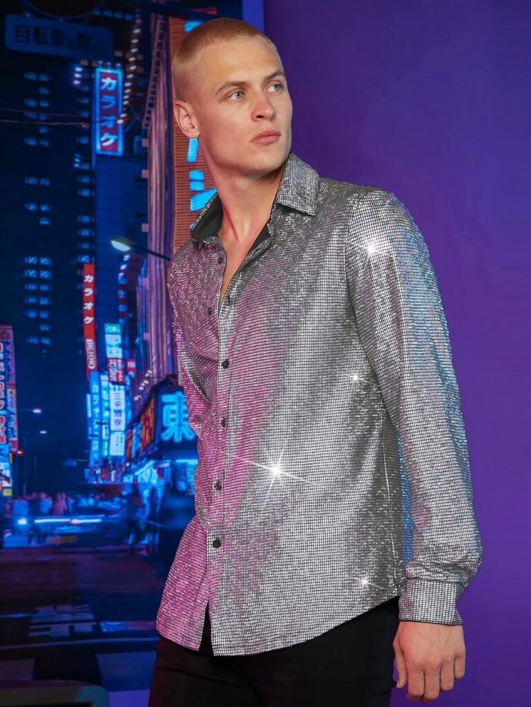 WDIRARA Mens Glitter Sequin Metallic Button Front Shirt Long Sleeve Shirt Tops