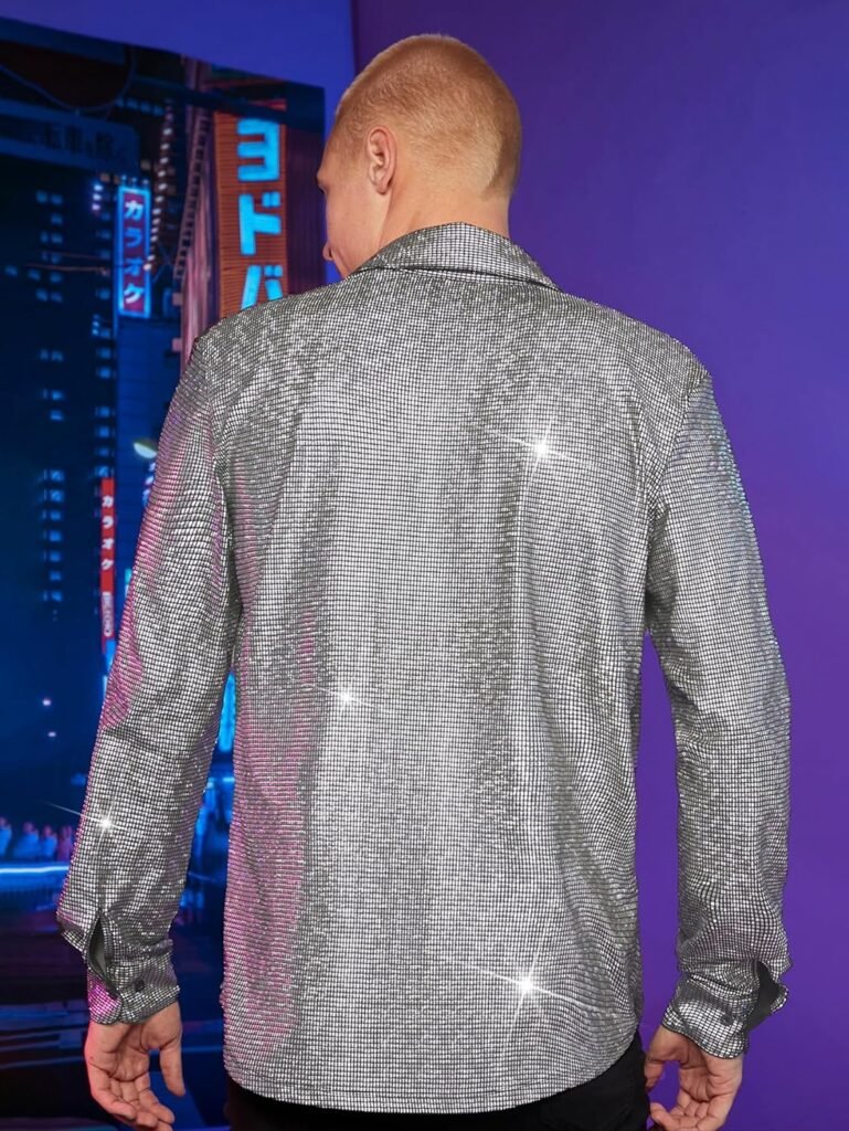 WDIRARA Mens Glitter Sequin Metallic Button Front Shirt Long Sleeve Shirt Tops