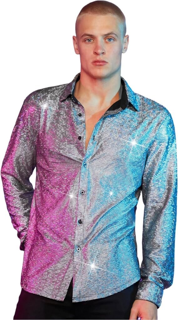 WDIRARA Mens Glitter Sequin Metallic Button Front Shirt Long Sleeve Shirt Tops