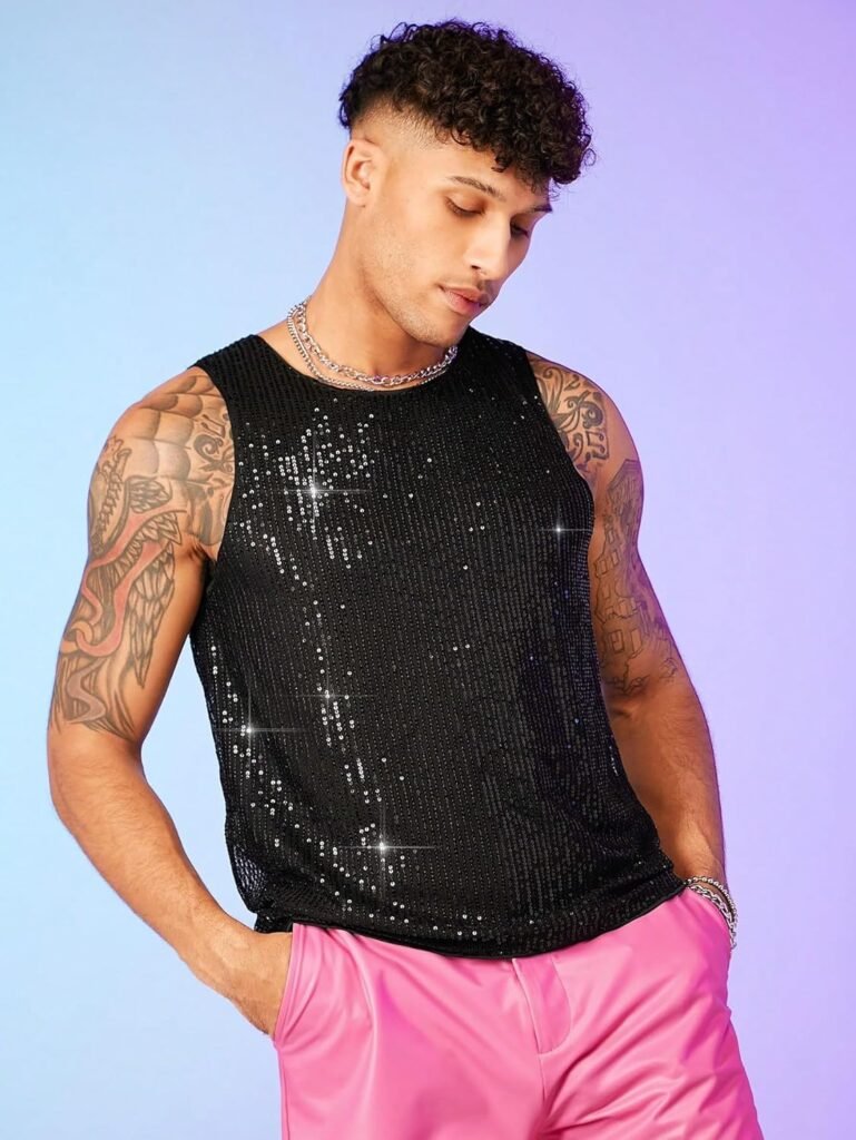 WDIRARA Mens Glitter Sparkly Sleeveles Round Neck Metallic Rave Disco Shiny Party T Shirt Tank Top