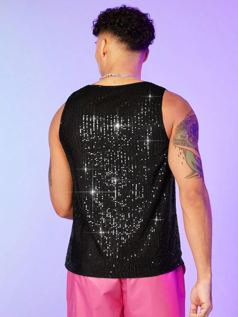 WDIRARA Mens Glitter Sparkly Sleeveles Round Neck Metallic Rave Disco Shiny Party T Shirt Tank Top