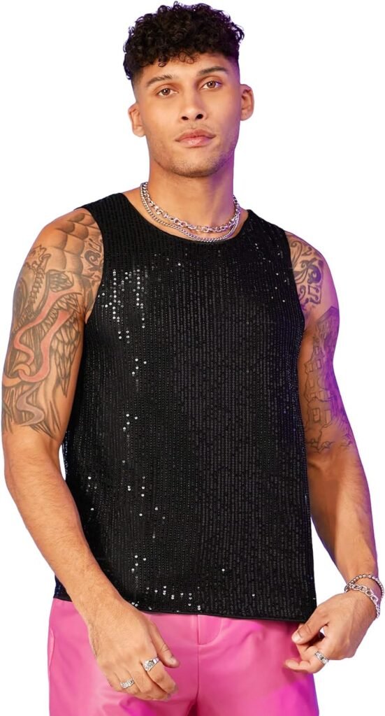 WDIRARA Mens Glitter Sparkly Sleeveles Round Neck Metallic Rave Disco Shiny Party T Shirt Tank Top