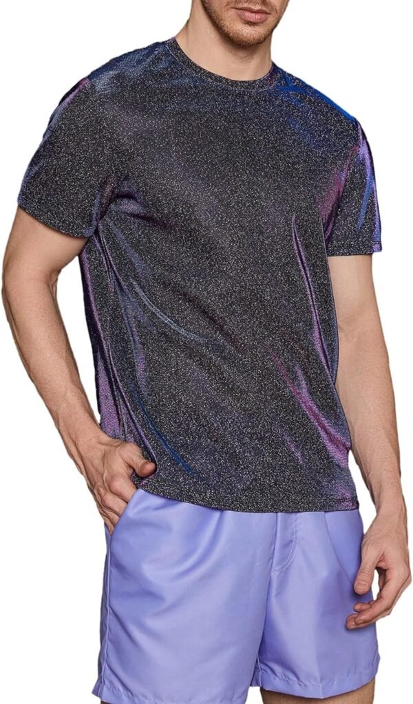 WDIRARA Mens Glitter Top Sheer Mesh See Through Round Neck Short Sleeve Round Neck Party Clubwear T Shirt