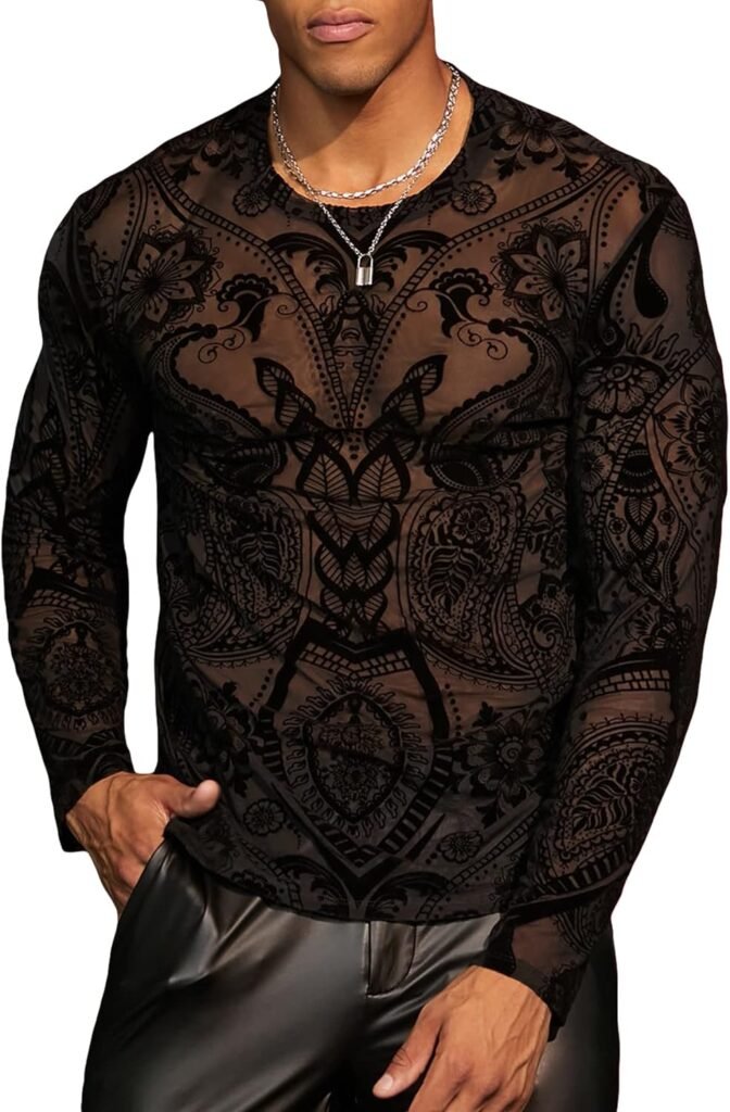 WDIRARA Mens Graphic See Through Mesh Crewneck Plant Print Long Sleeve Tee Shirt Top