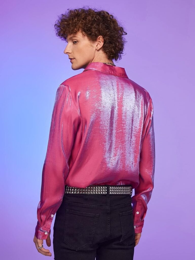 WDIRARA Mens Holographic Button Front Long Sleeve Party Club Shirt Collar Tops