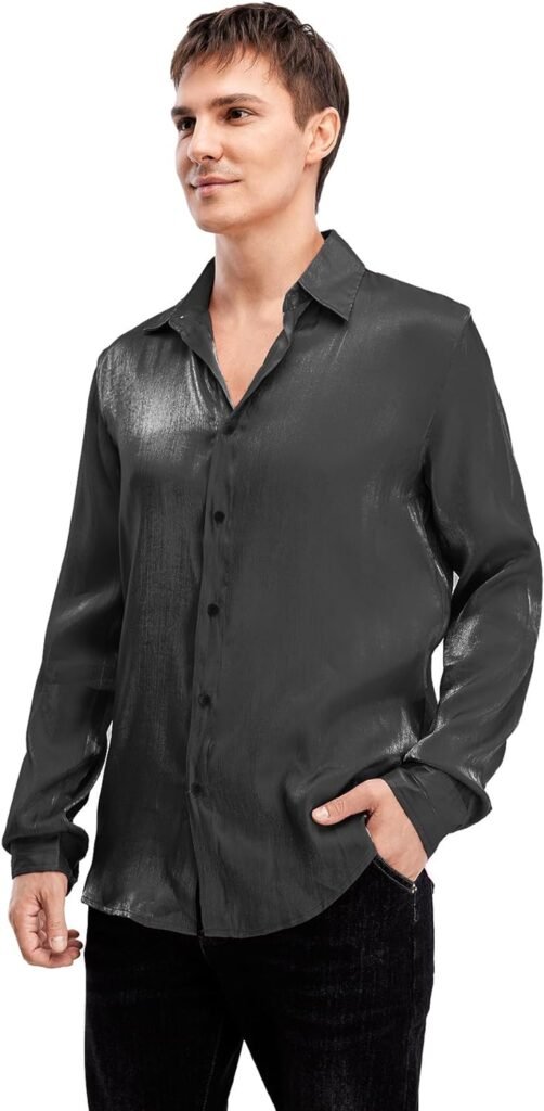 WDIRARA Mens Holographic Button Front Long Sleeve Party Club Shirt Collar Tops