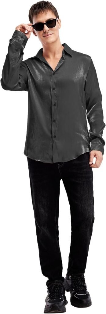 WDIRARA Mens Holographic Button Front Long Sleeve Party Club Shirt Collar Tops