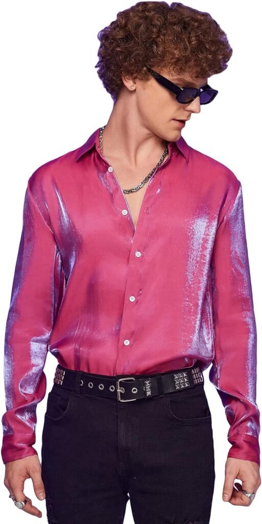 WDIRARA Mens Holographic Button Front Long Sleeve Party Club Shirt Collar Tops