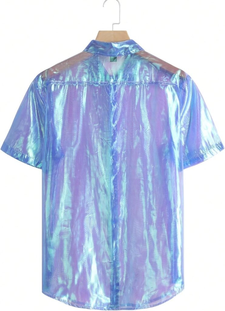 WDIRARA Mens Holographic Button Up Shirt Sheer Collar Short Sleeve Party Shirt Tops