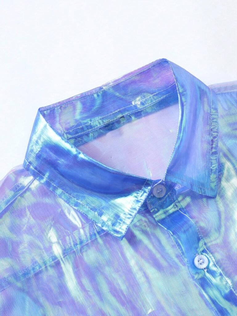 WDIRARA Mens Holographic Button Up Shirt Sheer Collar Short Sleeve Party Shirt Tops