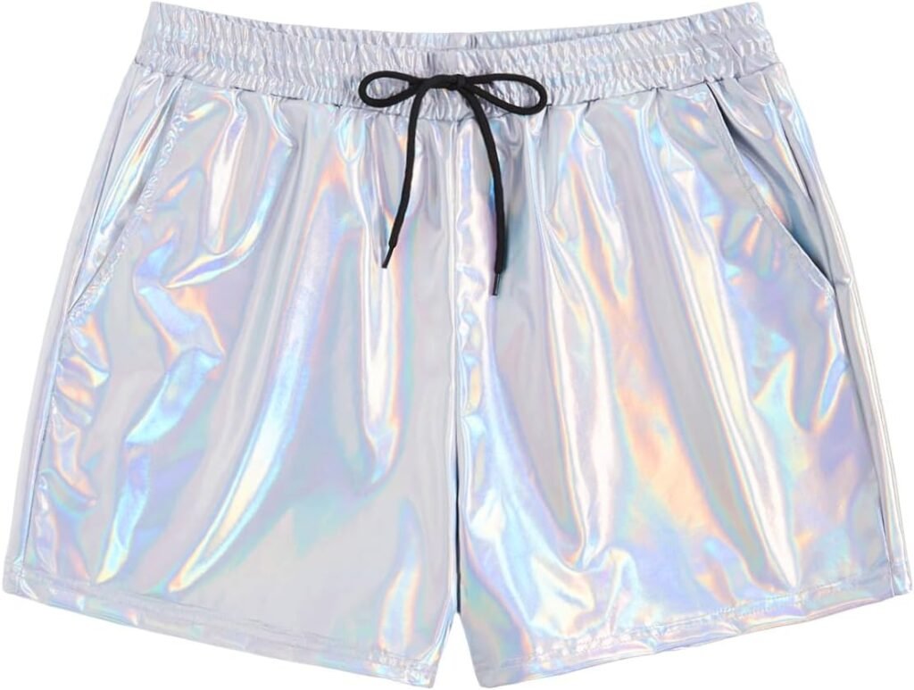 WDIRARA Mens Holographic Drawstring Waist Metallic Party Club Shorts with Pockets