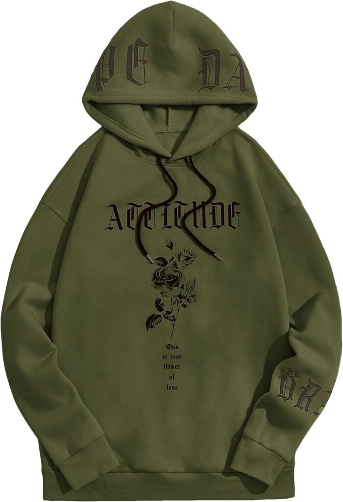 WDIRARA Mens Letter Floral Print Drawstring Long Sleeve Hoodie Casual Sweatshirt