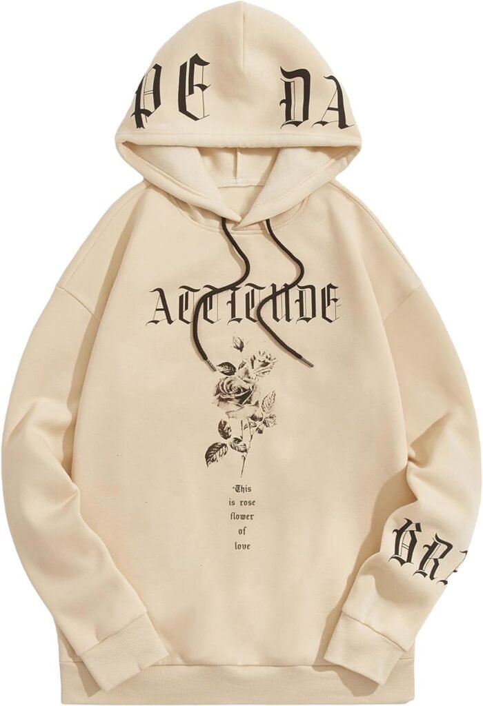 WDIRARA Mens Letter Floral Print Drawstring Long Sleeve Hoodie Casual Sweatshirt