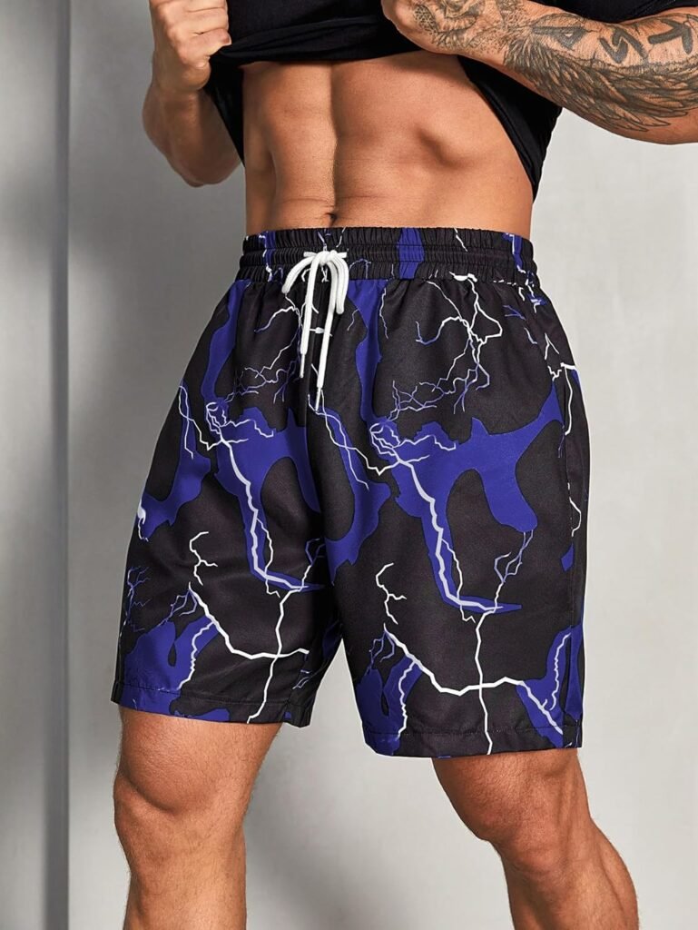 WDIRARA Mens Lightning Graphic Print Drawstring Casual Summer Beach Shorts