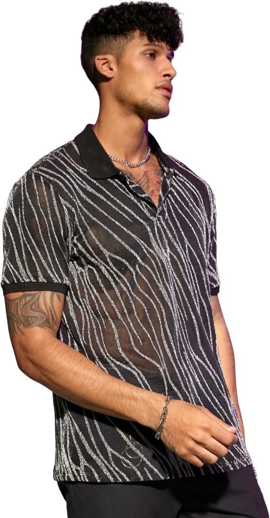 WDIRARA Mens Marble Print Glitter Mesh Sheer Collared Short Sleeve Tee Top Striped Party T Shirt