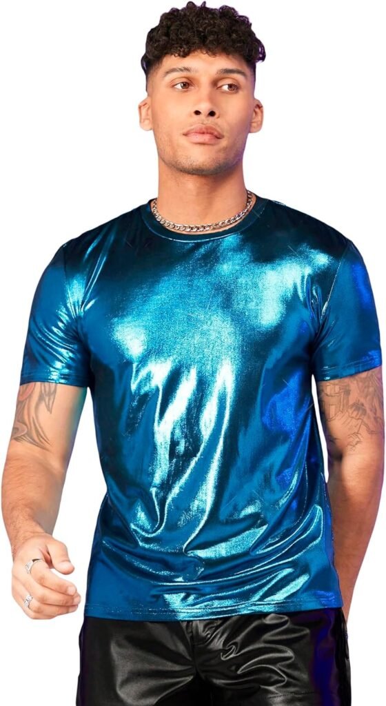 WDIRARA Mens Metallic Round Neck Short Sleeve Tee Party T Shirt Top