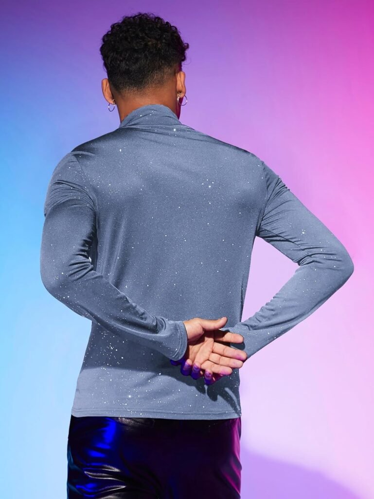 WDIRARA Mens Mock Neck Long Sleeve Party Dance Club Glitter Fitted Top Tshirt