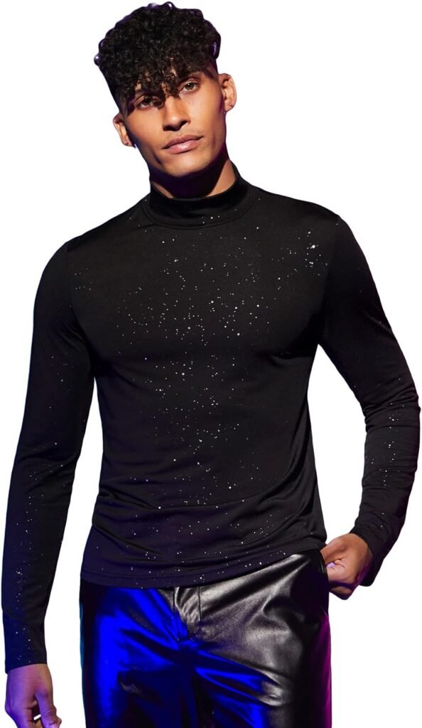 WDIRARA Mens Mock Neck Long Sleeve Party Dance Club Glitter Fitted Top Tshirt