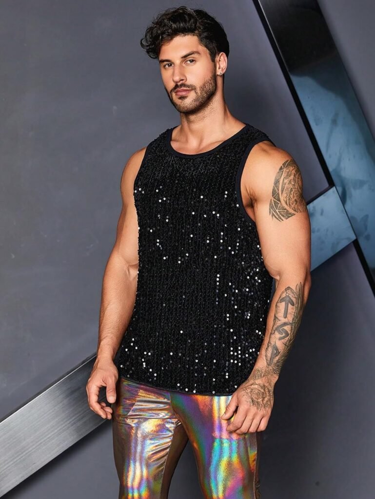 WDIRARA Mens Plus Size Sequin Sleeveless Round Neck Tank Top T Shirt Party Clubwear Top