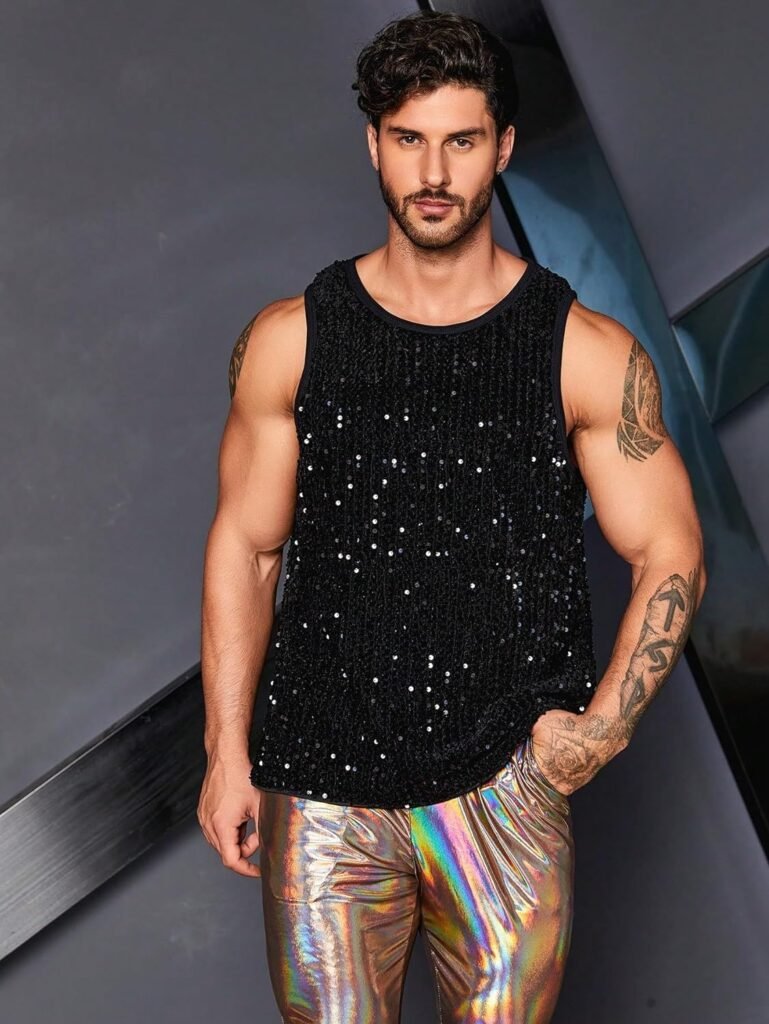 WDIRARA Mens Plus Size Sequin Sleeveless Round Neck Tank Top T Shirt Party Clubwear Top